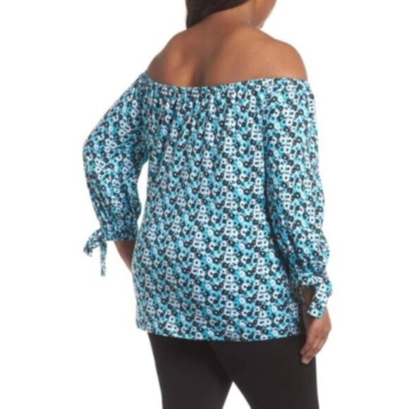 Michael Kors Womens Blue White Floral Off the Shoulder Top Plus Sz 0X New - Picture 2 of 12